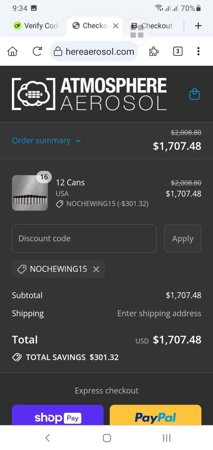 Atmosphere Aerosol discount code screenshot showing code NOCHEWING15 applied at Atmosphere Aerosol checkout page. Uploaded by SimplyCodes community member menotychire on Aug 11, 2025
