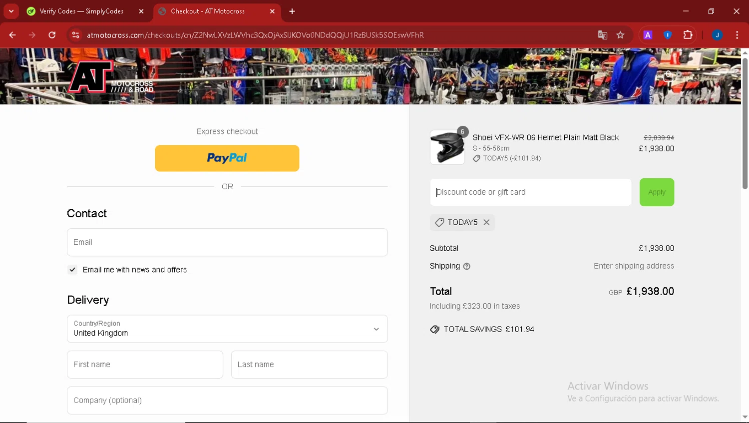 AT Motocross discount code screenshot showing code TODAY5 applied at AT Motocross checkout page. Uploaded by SimplyCodes community member thegordobaby on Apr 11, 2025