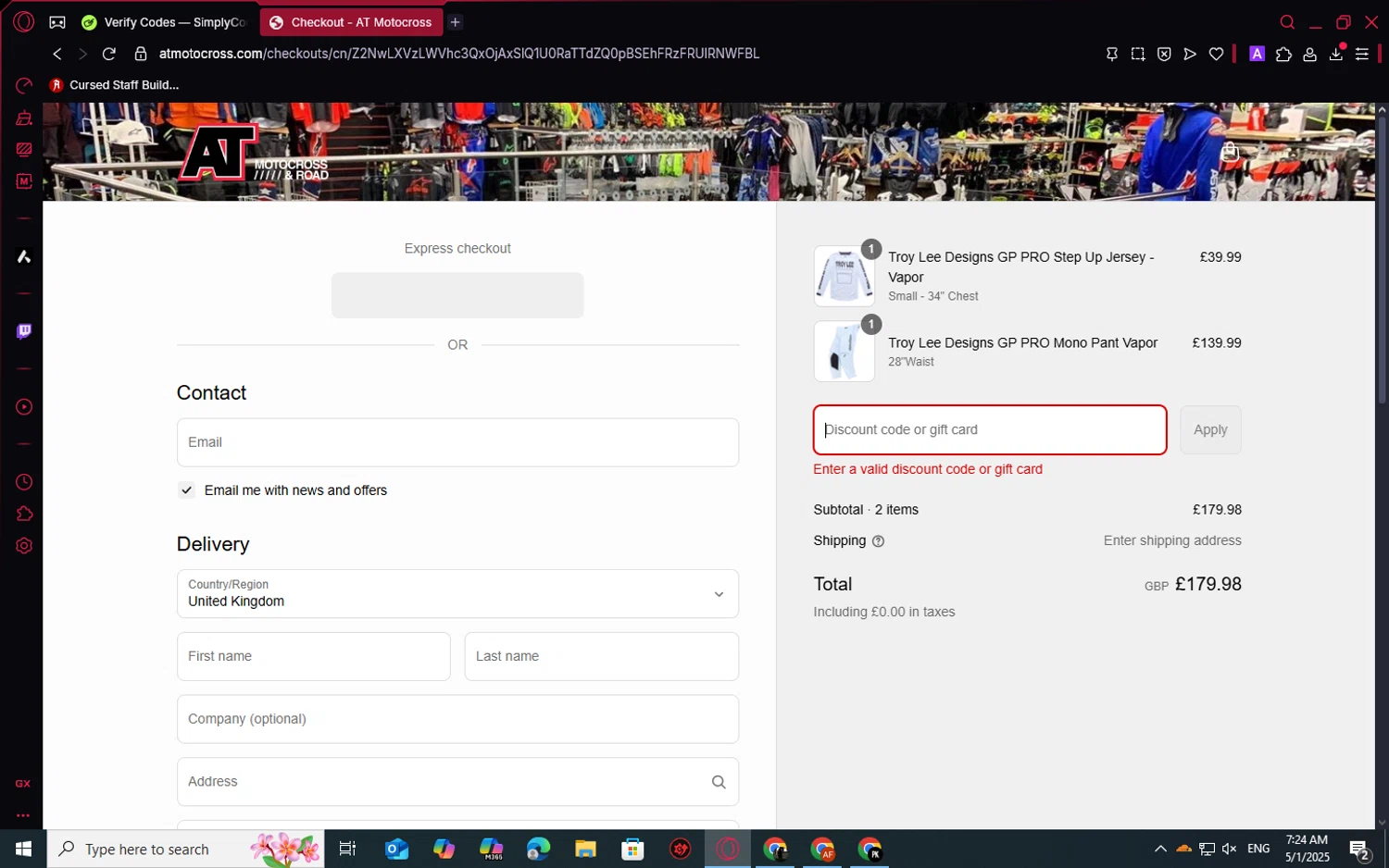 AT Motocross discount code screenshot showing code TODAY10 applied at AT Motocross checkout page. Uploaded by SimplyCodes community member CristianoRonaldoDosSantos on May 1, 2025