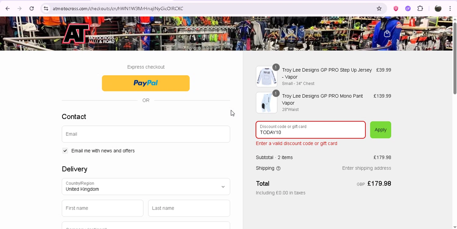 AT Motocross discount code screenshot showing code TODAY10 applied at AT Motocross checkout page. Uploaded by SimplyCodes community member JASTIFY on Aug 7, 2025