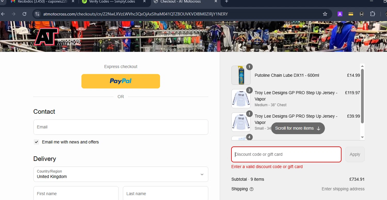 AT Motocross discount code screenshot showing code TODAY15 applied at AT Motocross checkout page. Uploaded by SimplyCodes community member Eduard on Jun 17, 2025
