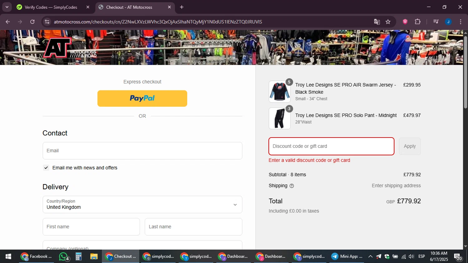AT Motocross discount code screenshot showing code TODAY15 applied at AT Motocross checkout page. Uploaded by SimplyCodes community member noesmith34ur on Jun 17, 2025