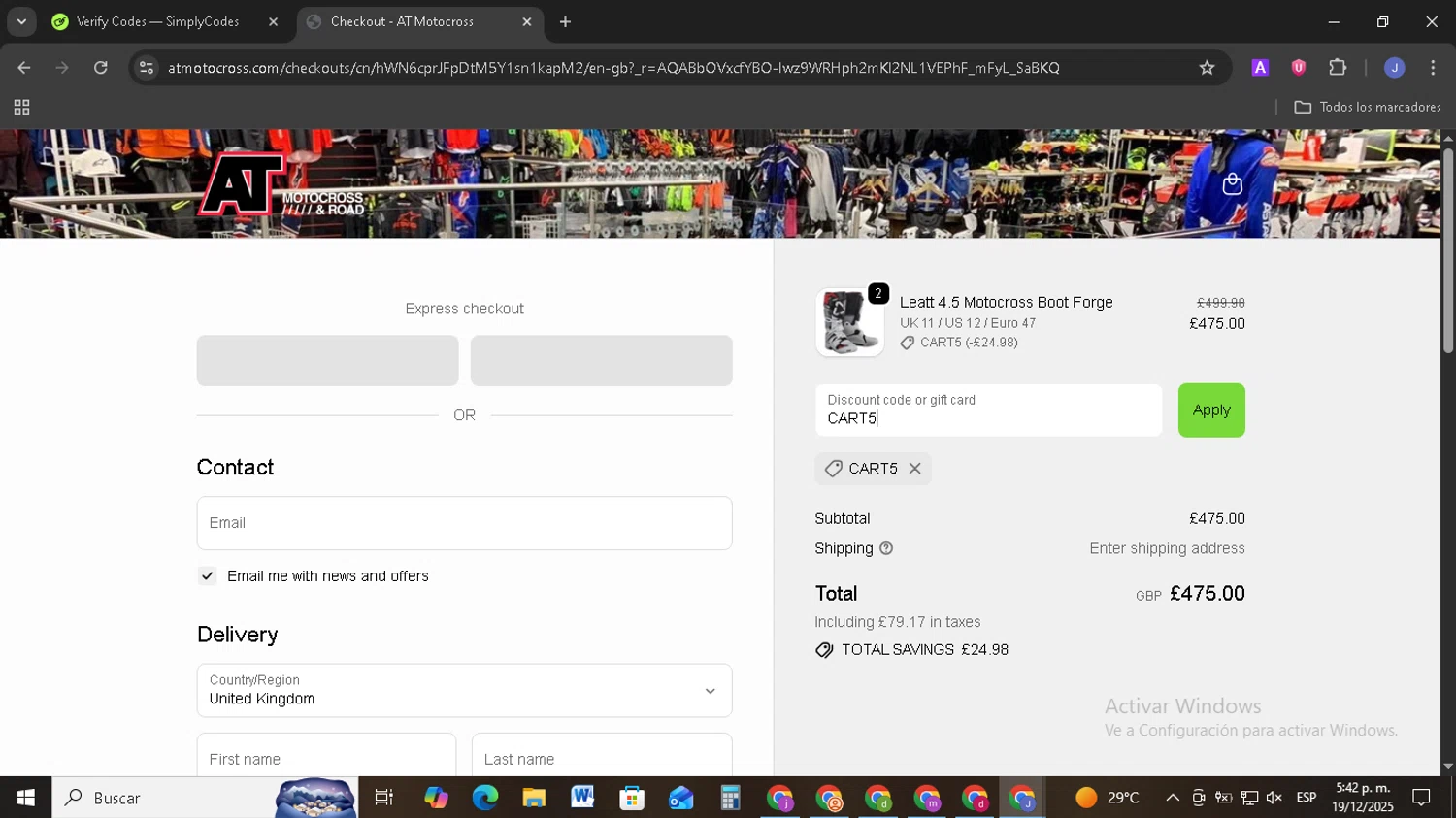 AT Motocross discount code screenshot showing code CART5 applied at AT Motocross checkout page. Uploaded by SimplyCodes community member EpicSage3474 on Dec 19, 2025