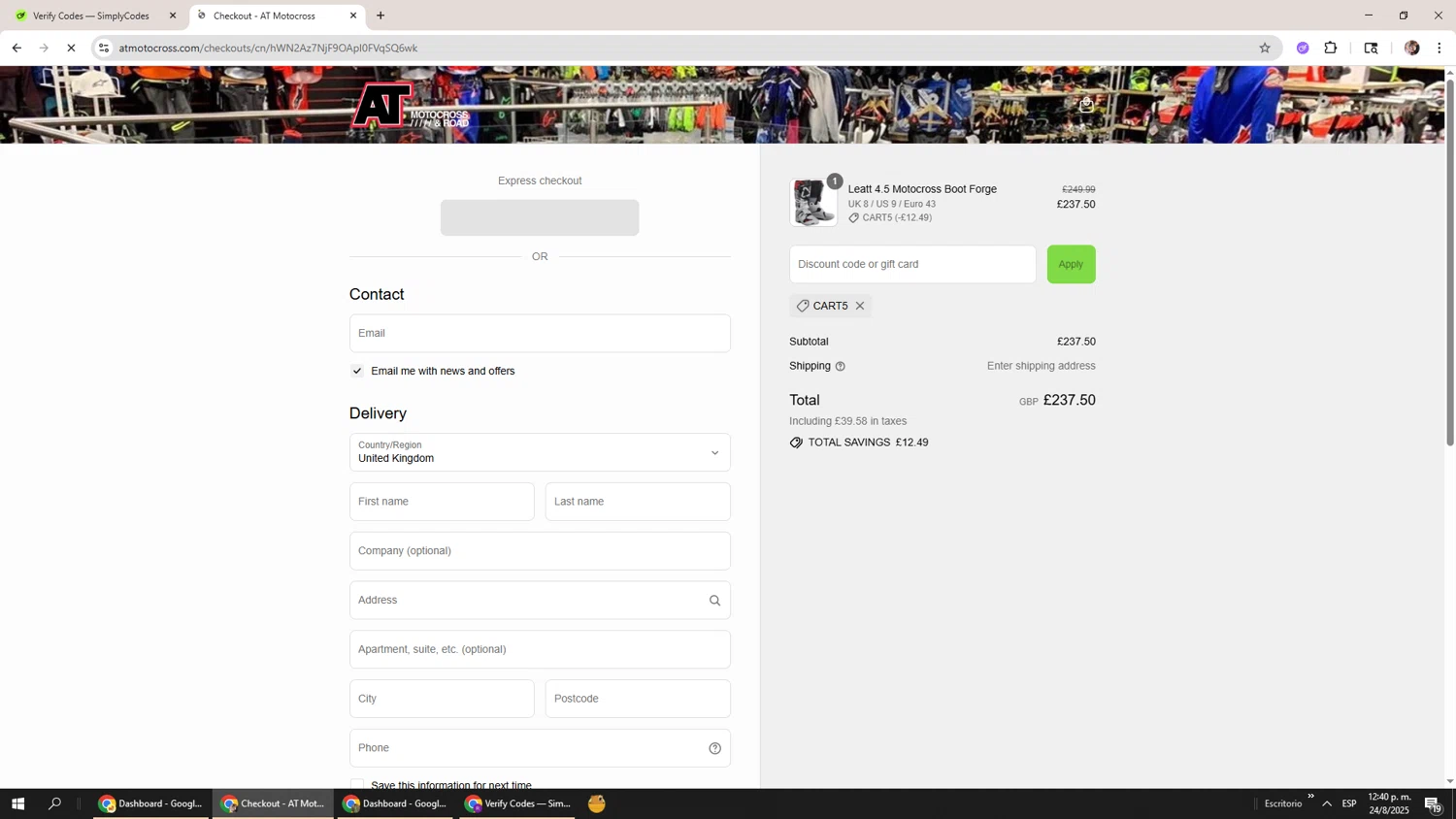 AT Motocross discount code screenshot showing code CART5 applied at AT Motocross checkout page. Uploaded by SimplyCodes community member Levi_Ackerman on Aug 24, 2025