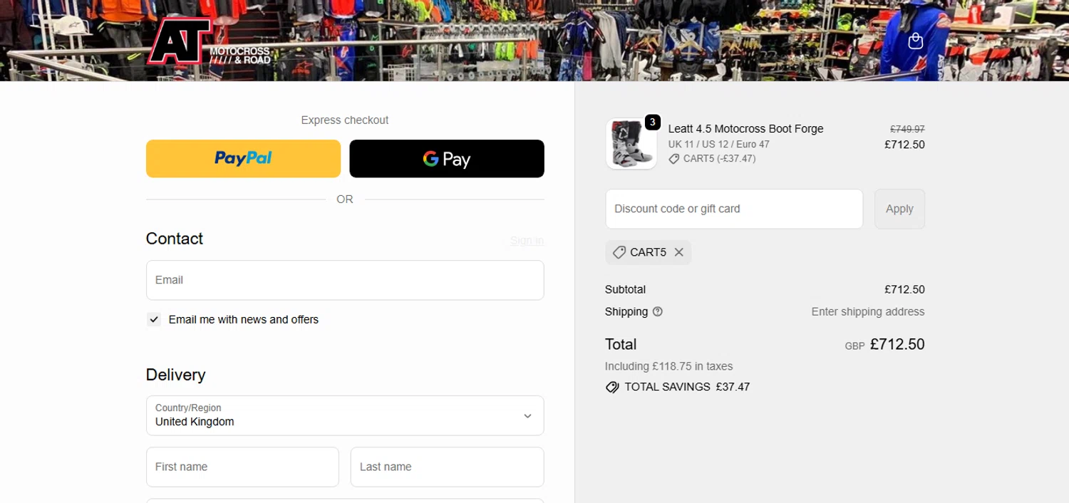 AT Motocross discount code screenshot showing code CART5 applied at AT Motocross checkout page. Uploaded by SimplyCodes community member xHRxUltrax on Dec 13, 2025