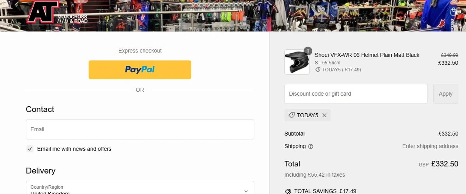 AT Motocross discount code screenshot showing code TODAY5 applied at AT Motocross checkout page. Uploaded by SimplyCodes community member Olorinnnnn on Mar 2, 2025