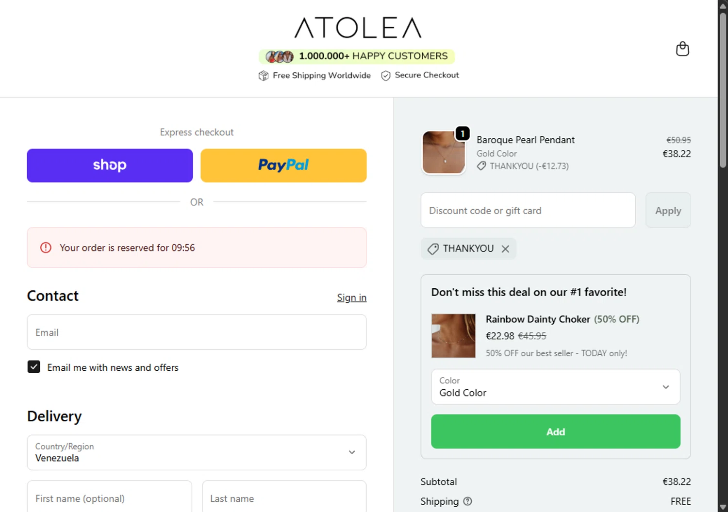 Atolea Jewelry discount code screenshot showing code THANKYOU applied at Atolea Jewelry checkout page. Uploaded by SimplyCodes community member Santi_ago on Dec 1, 2025