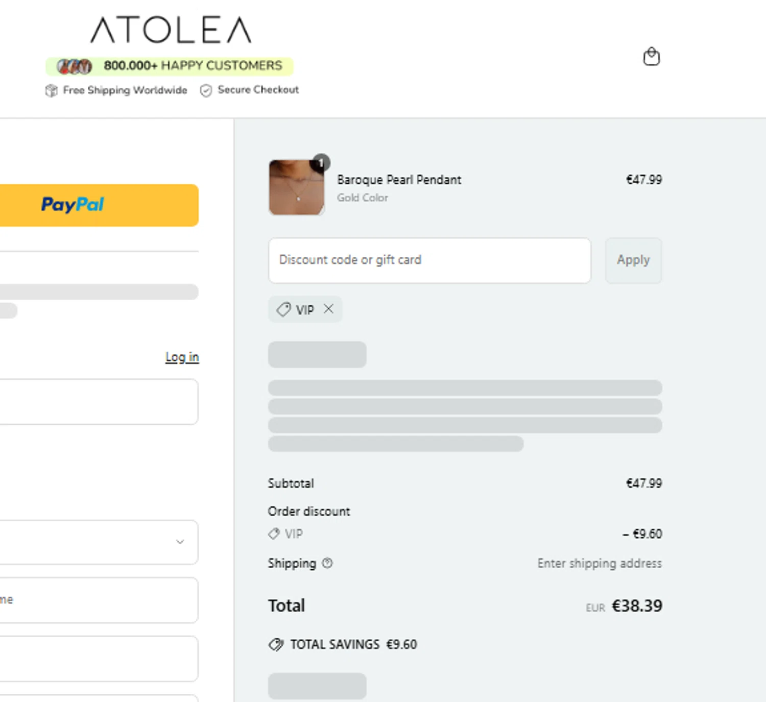 Atolea Jewelry discount code screenshot showing code VIP applied at Atolea Jewelry checkout page. Uploaded by SimplyCodes community member CouponLion324 on Jun 1, 2025