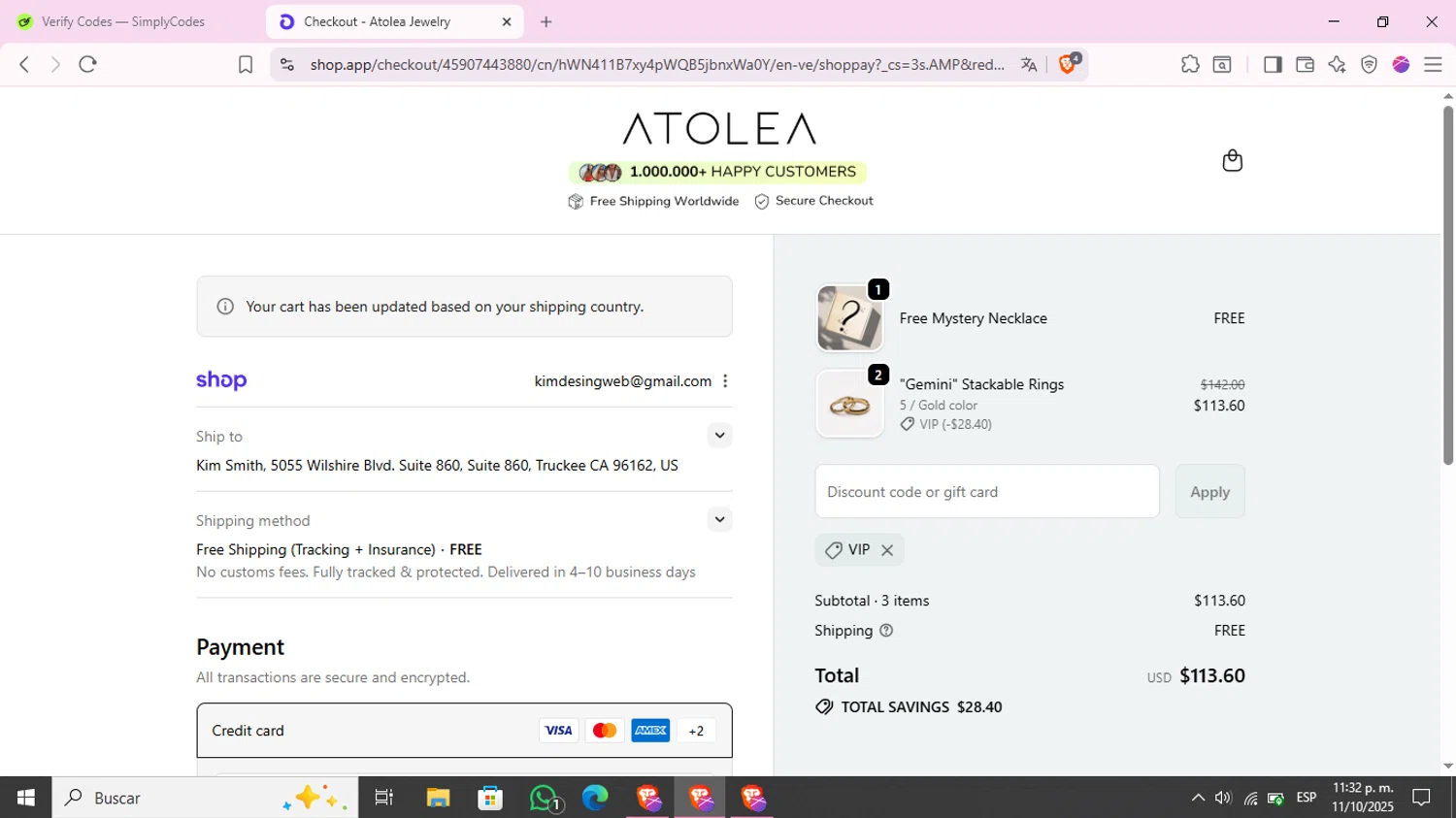 Atolea Jewelry discount code screenshot showing code VIP applied at Atolea Jewelry checkout page. Uploaded by SimplyCodes community member KimChrista_ on Oct 12, 2025