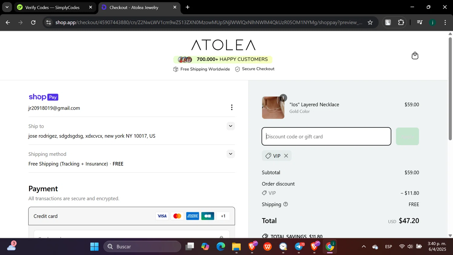Atolea Jewelry discount code screenshot showing code VIP applied at Atolea Jewelry checkout page. Uploaded by SimplyCodes community member hanzell03 on Apr 6, 2025