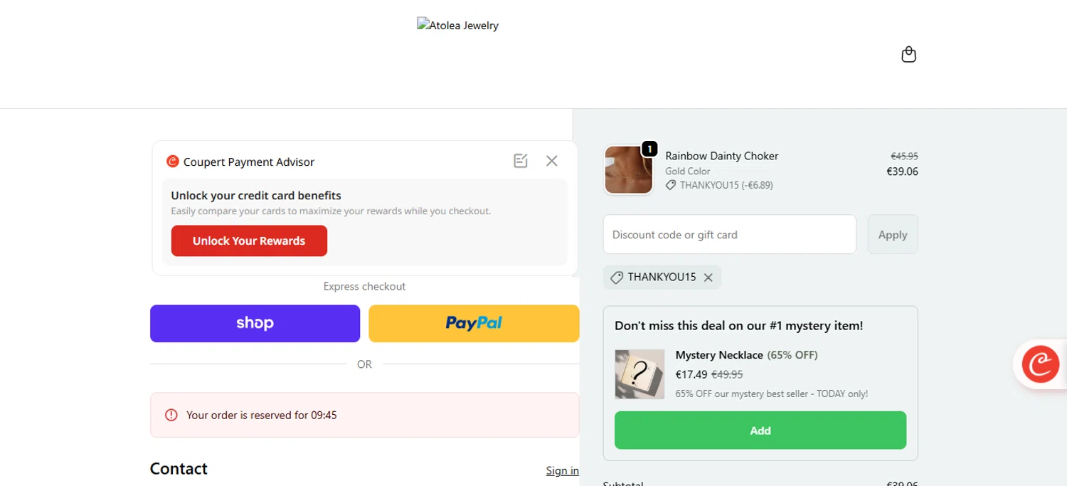 Atolea Jewelry discount code screenshot showing code THANKYOU15 applied at Atolea Jewelry checkout page. Uploaded by SimplyCodes community member ESTHER3121 on Dec 6, 2025