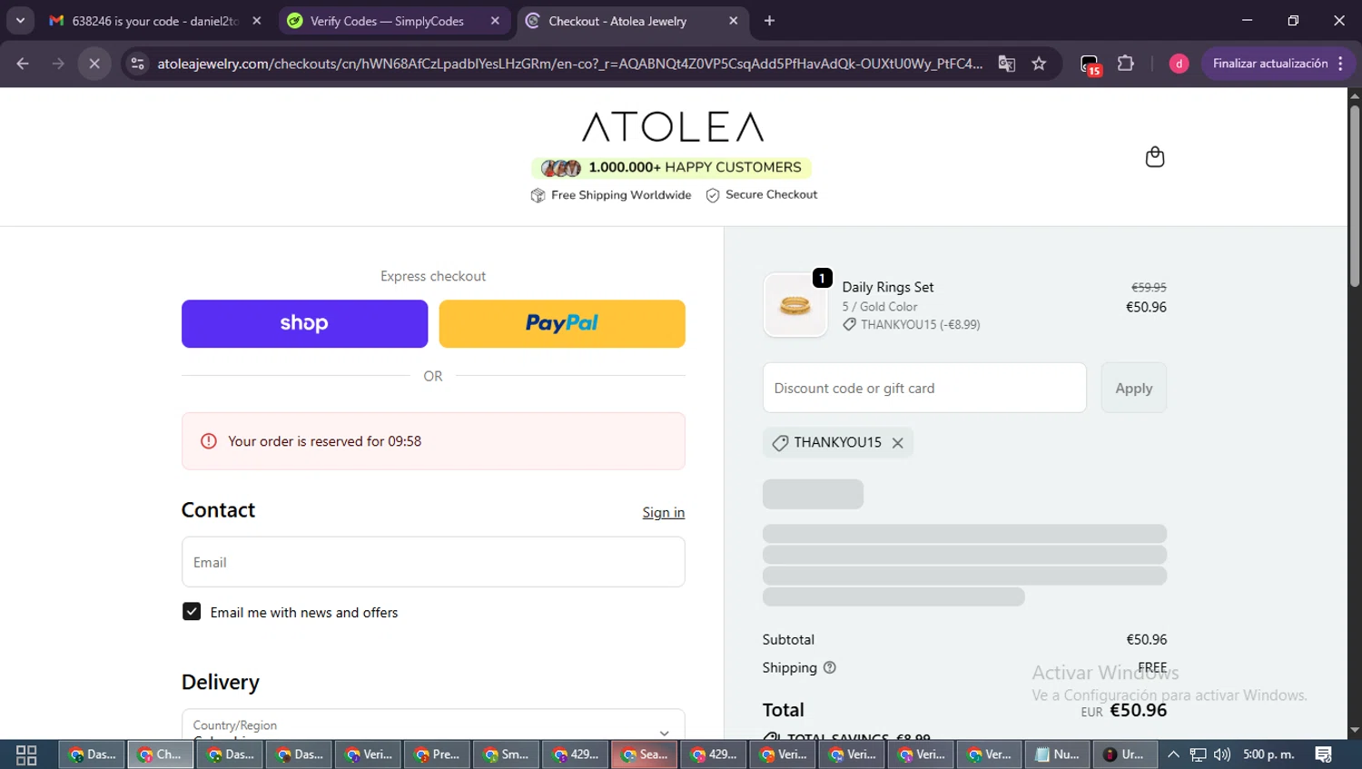 Atolea Jewelry discount code screenshot showing code THANKYOU15 applied at Atolea Jewelry checkout page. Uploaded by SimplyCodes community member MagnificentSpotter4236 on Dec 6, 2025