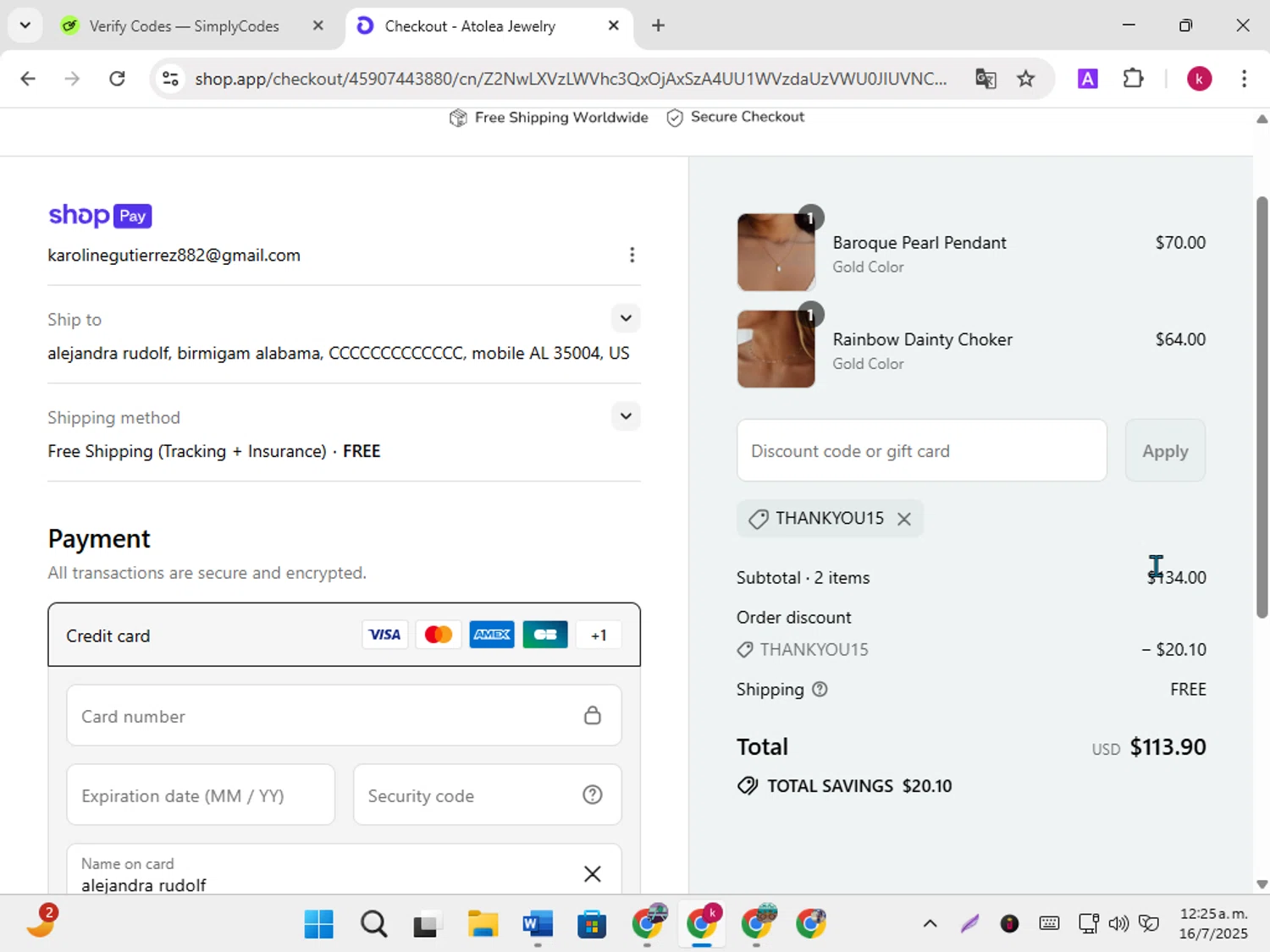 Atolea Jewelry discount code screenshot showing code THANKYOU15 applied at Atolea Jewelry checkout page. Uploaded by SimplyCodes community member karoline on Jul 16, 2025