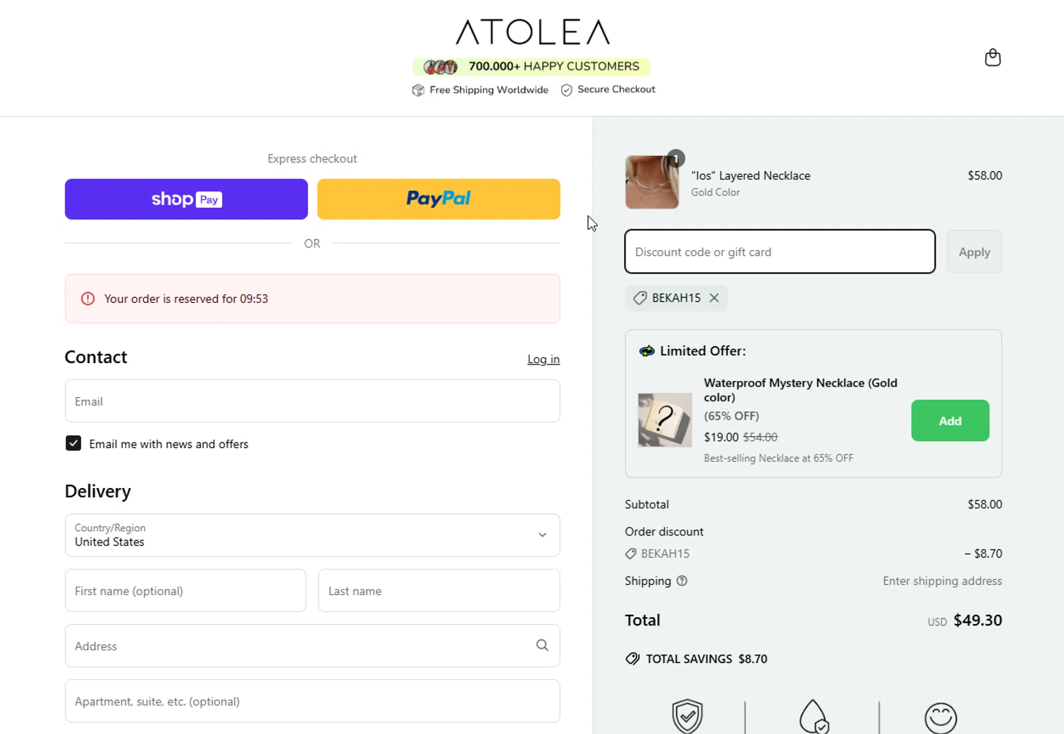 Atolea Jewelry discount code screenshot showing code Bekah15 applied at Atolea Jewelry checkout page. Uploaded by SimplyCodes community member FelixelGato on Mar 25, 2025
