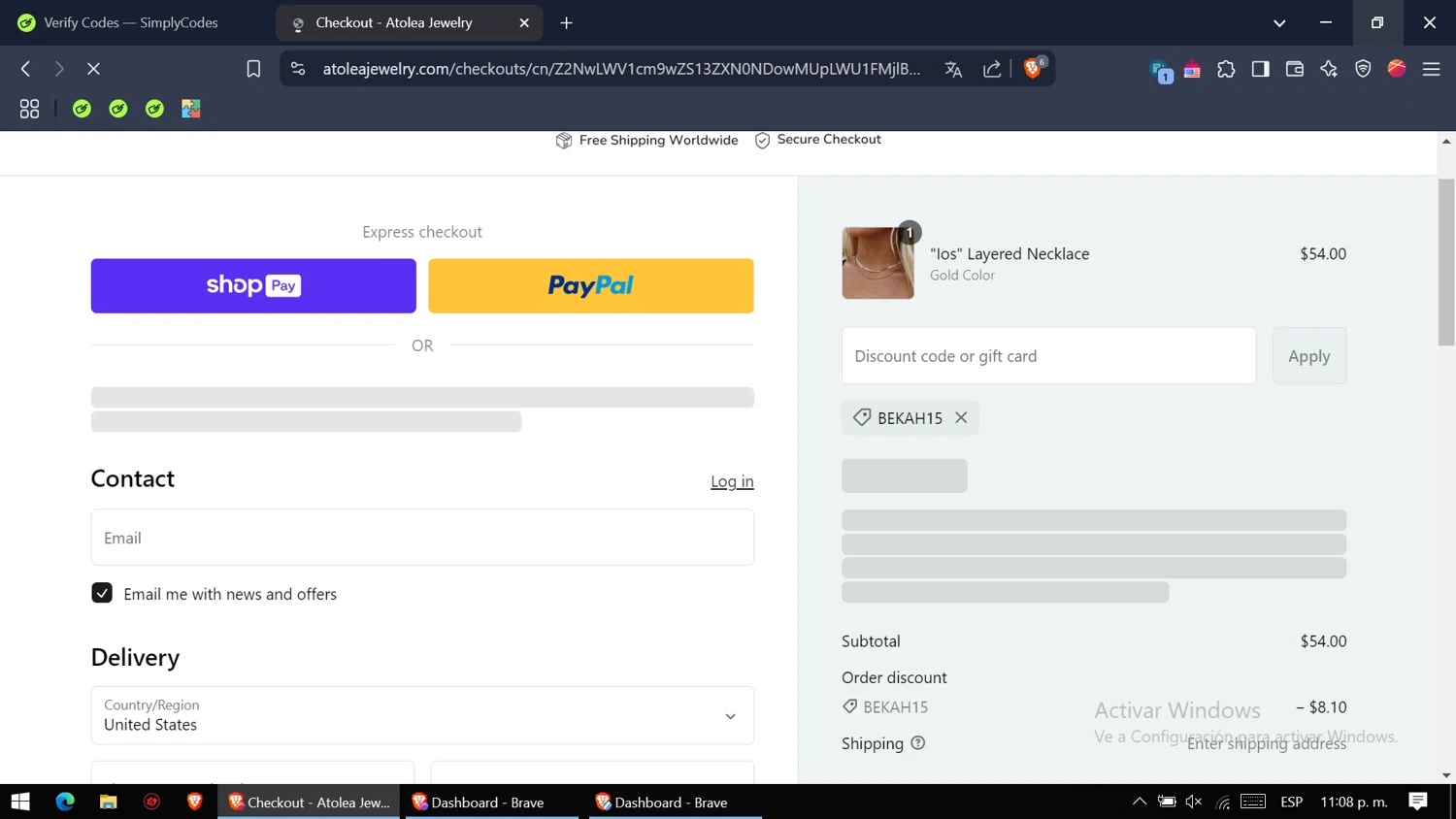Atolea Jewelry discount code screenshot showing code Bekah15 applied at Atolea Jewelry checkout page. Uploaded by SimplyCodes community member WiseMaven8415 on Feb 13, 2025