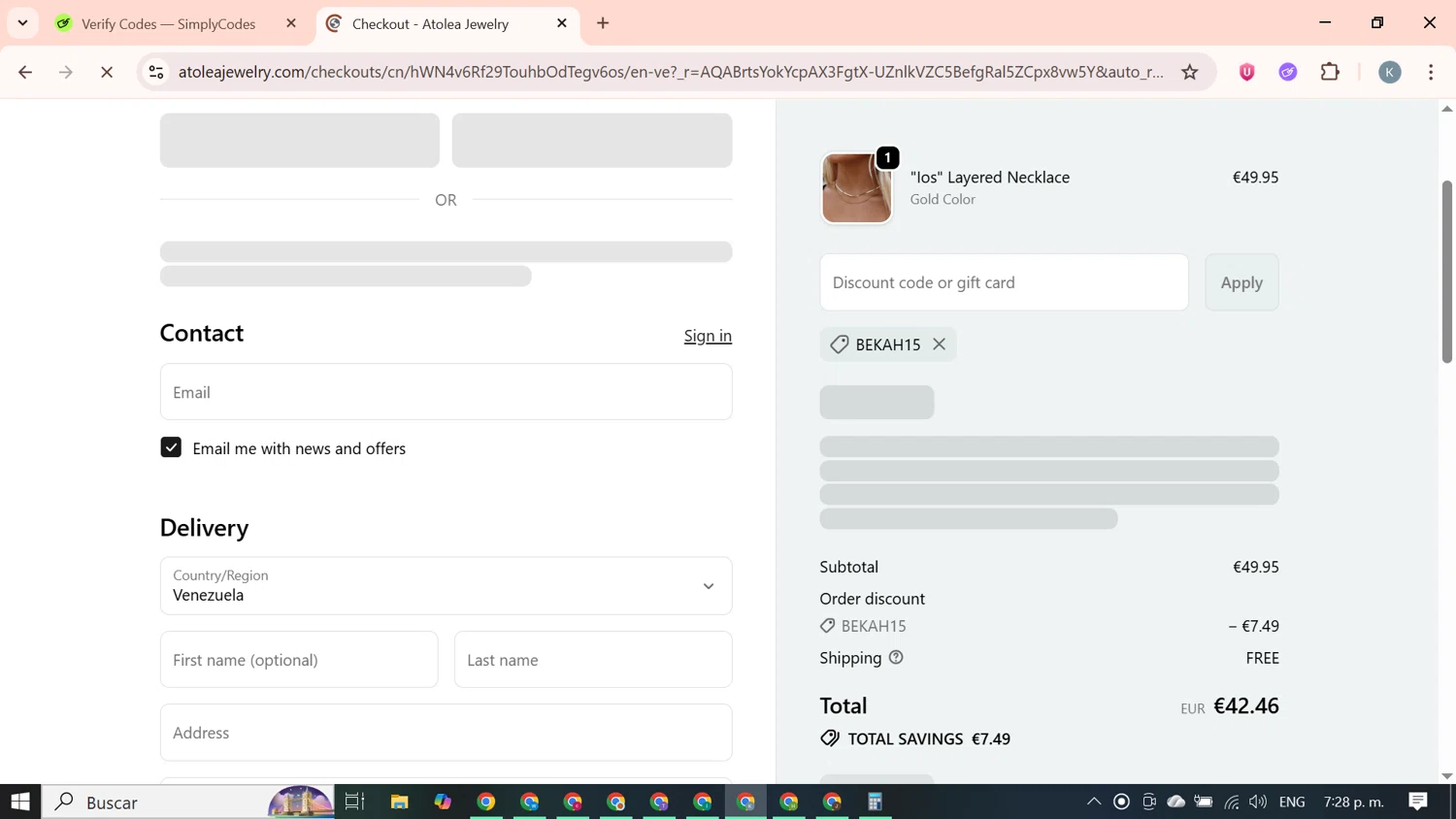 Atolea Jewelry discount code screenshot showing code Bekah15 applied at Atolea Jewelry checkout page. Uploaded by SimplyCodes community member SavingsBoss9912 on Nov 4, 2025