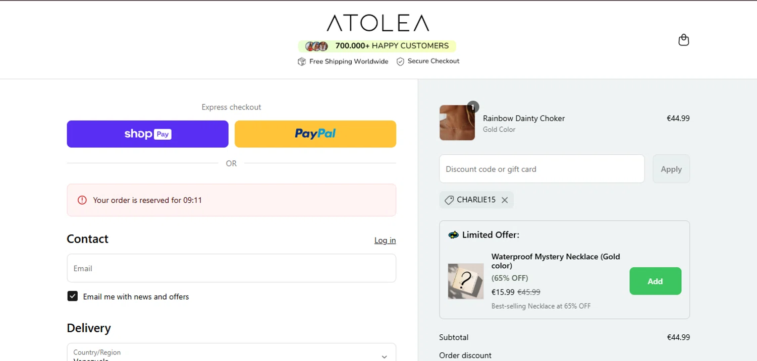 Atolea Jewelry discount code screenshot showing code CHARLIE15 applied at Atolea Jewelry checkout page. Uploaded by SimplyCodes community member juanisaac on Apr 11, 2025