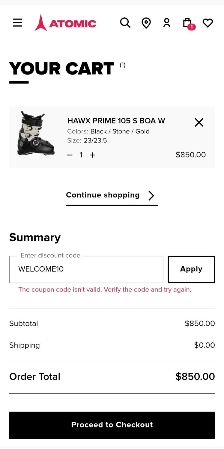 Atomic discount code screenshot showing code WELCOME10 applied at Atomic checkout page. Uploaded by SimplyCodes community member JuanMonge on Jan 5, 2025