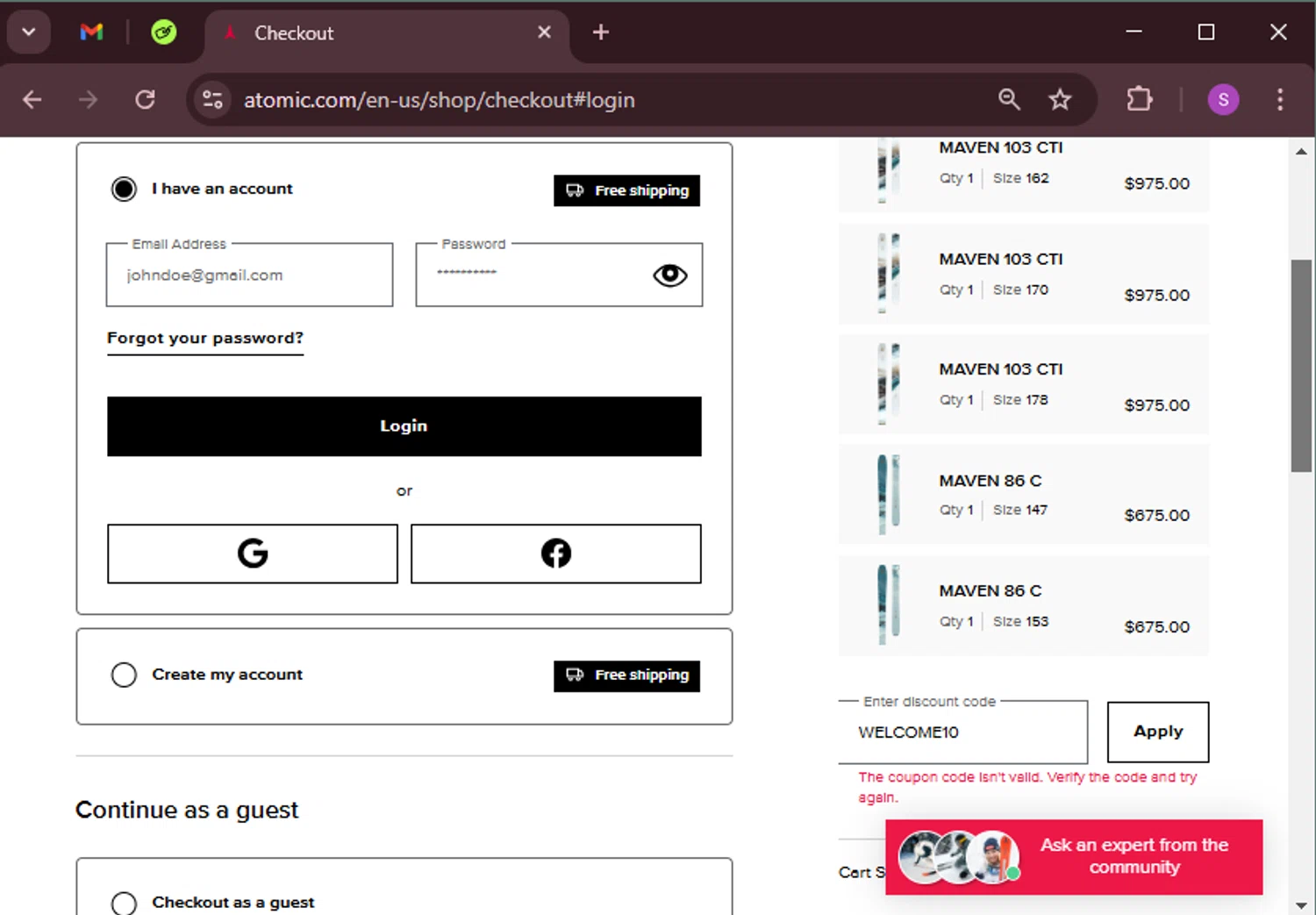 Atomic discount code screenshot showing code WELCOME10 applied at Atomic checkout page. Uploaded by SimplyCodes community member tinkle_tinkle on Jan 25, 2025
