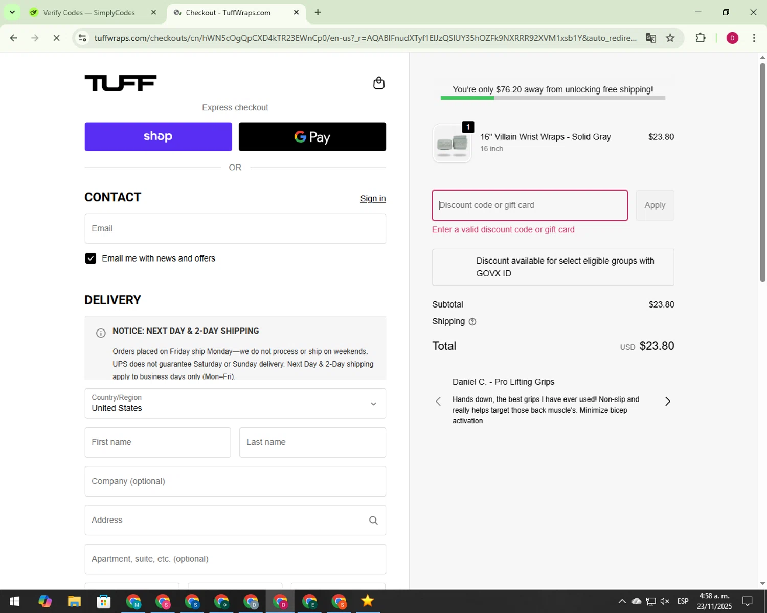 Atomic discount code screenshot showing code TK9DL7 applied at Atomic checkout page. Uploaded by SimplyCodes community member 00000006 on Nov 23, 2025