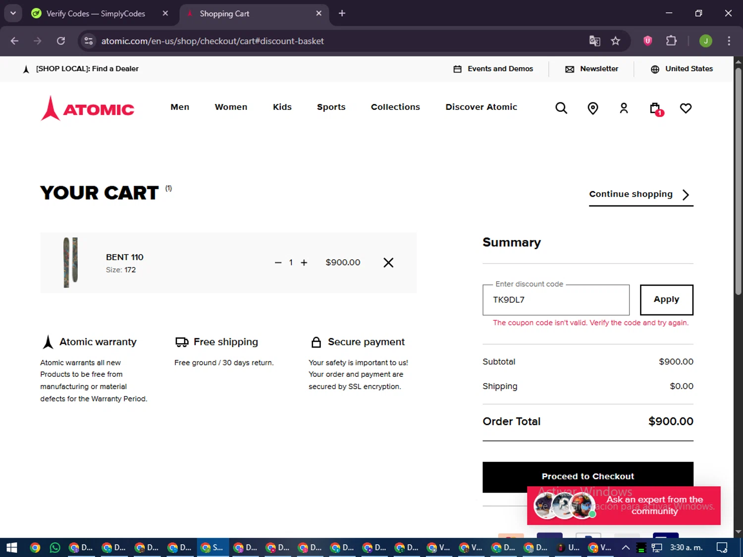 Atomic discount code screenshot showing code TK9DL7 applied at Atomic checkout page. Uploaded by SimplyCodes community member LilBaby on Nov 23, 2025