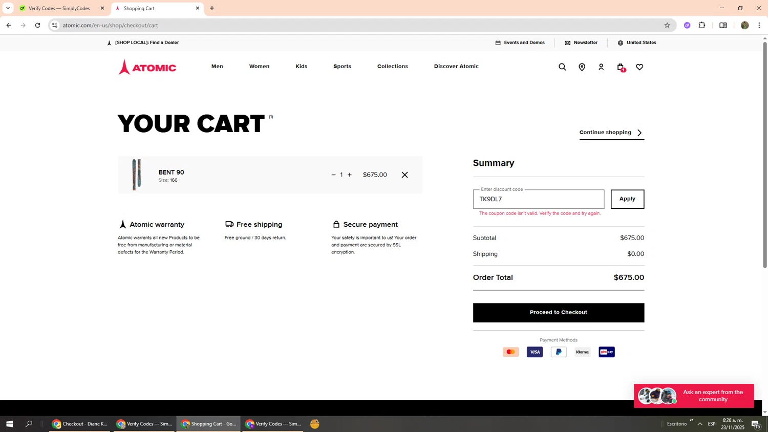 Atomic discount code screenshot showing code TK9DL7 applied at Atomic checkout page. Uploaded by SimplyCodes community member Phoenix585 on Nov 23, 2025
