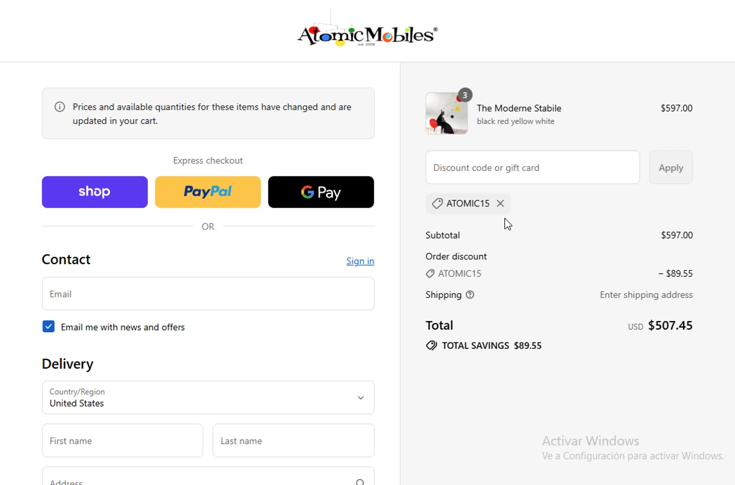 Atomic Ranch promo code screenshot showing code ATOMIC15 applied at Atomic Ranch checkout page. Uploaded by SimplyCodes community member VictoriousElite9587 on Sep 12, 2025