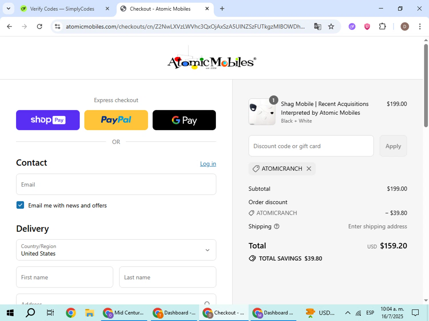Atomic Ranch promo code screenshot showing code ATOMICRANCH applied at Atomic Ranch checkout page. Uploaded by SimplyCodes community member BrilliantWizard8884 on Jul 16, 2025