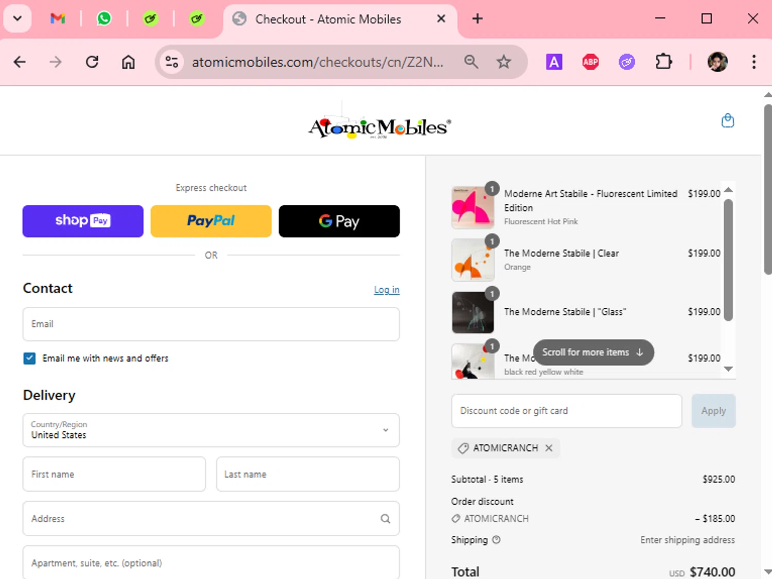 Atomic Ranch promo code screenshot showing code ATOMICRANCH applied at Atomic Ranch checkout page. Uploaded by SimplyCodes community member Scarleth_2GGD on May 1, 2025