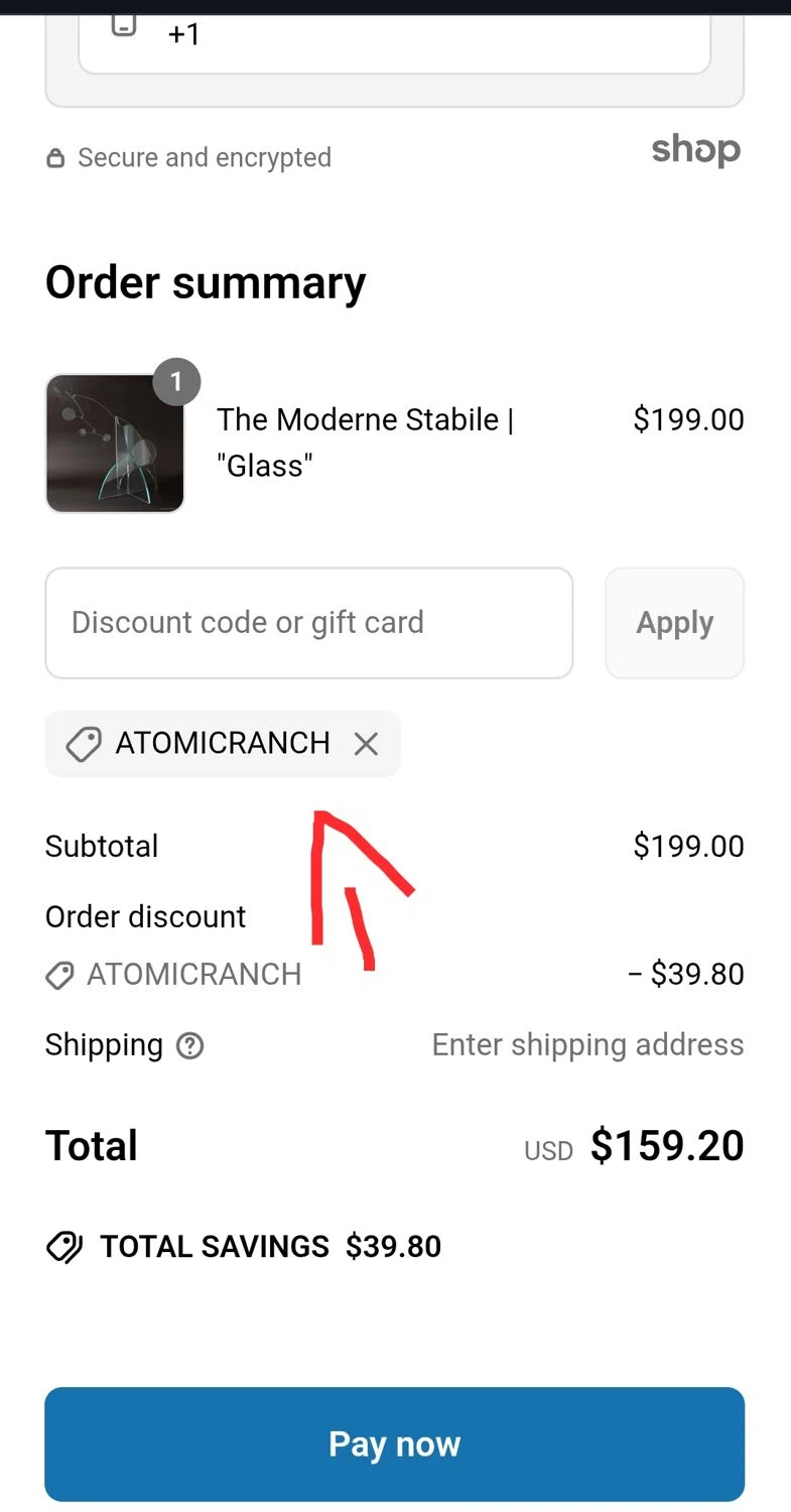 Atomic Ranch promo code screenshot showing code ATOMICRANCH applied at Atomic Ranch checkout page. Uploaded by SimplyCodes community member luki1958 on May 30, 2025