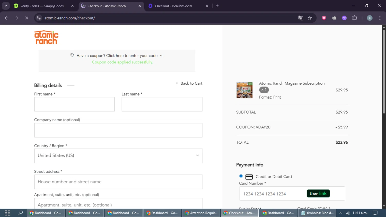 Atomic Ranch checkout page showing Atomic Ranch promo code box | Screenshot taken by SimplyCodes community member on Feb 10, 2026