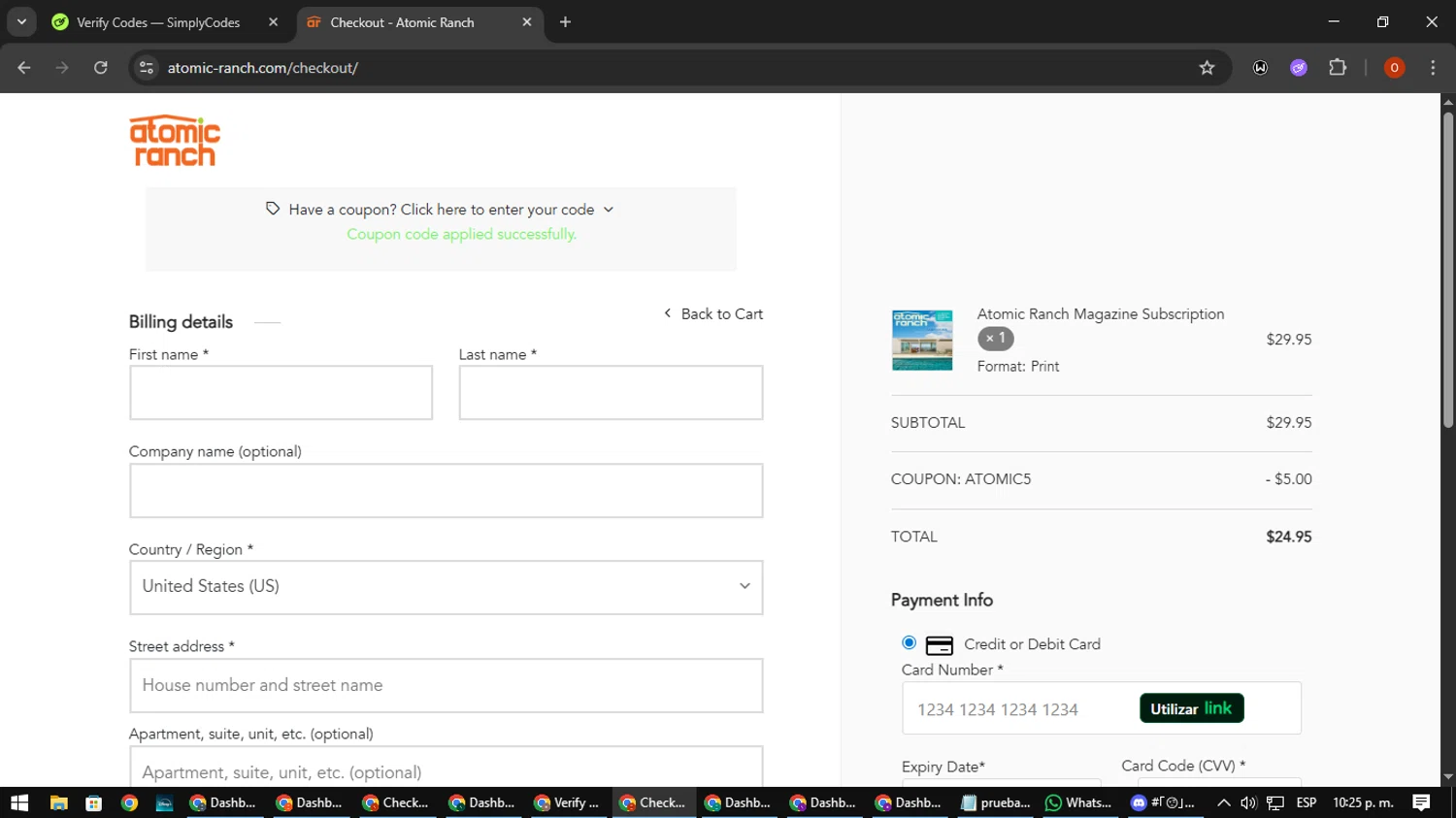 Atomic Ranch promo code screenshot showing code ATOMIC5 applied at Atomic Ranch checkout page. Uploaded by SimplyCodes community member CleverSpotter3730 on Sep 12, 2025