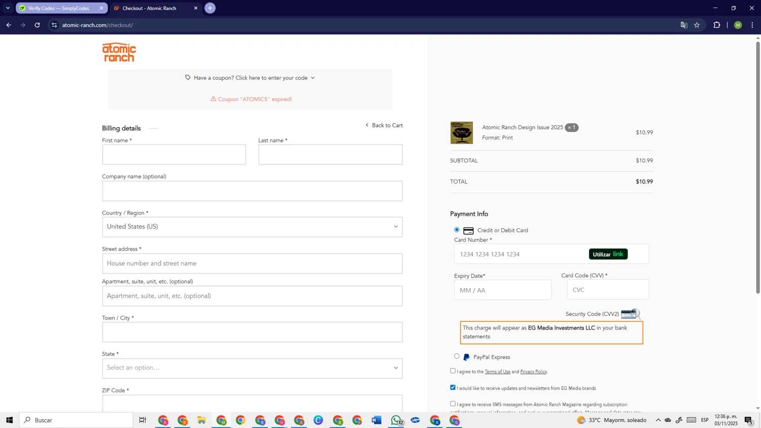 Atomic Ranch promo code screenshot showing code ATOMIC5 applied at Atomic Ranch checkout page. Uploaded by SimplyCodes community member PrimeSage6924 on Nov 3, 2025