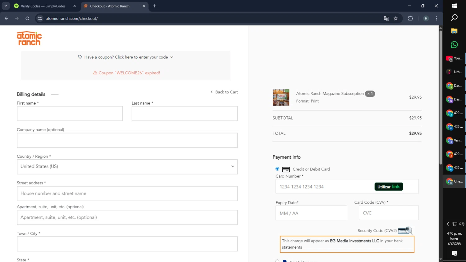 Atomic Ranch promo code screenshot showing code WELCOME26 applied at Atomic Ranch checkout page. Uploaded by SimplyCodes community member SmartMaverick5327 on Feb 2, 2026