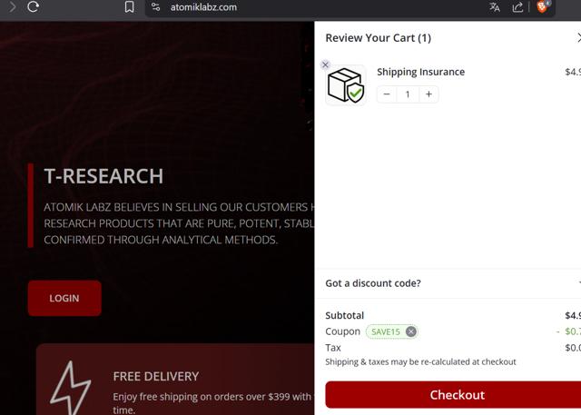 Atomik Labz checkout page showing Atomik Labz discount code box | Screenshot taken by SimplyCodes community member on Jul 18, 2025