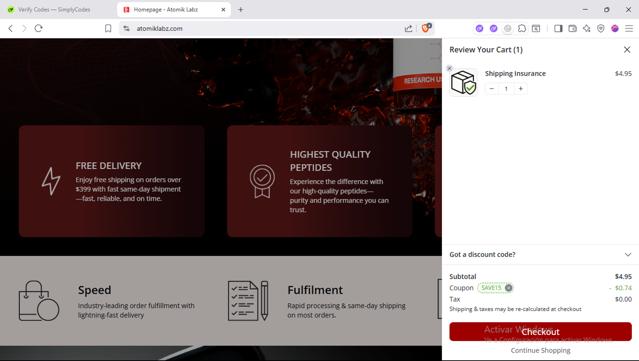 Atomik Labz checkout page showing Atomik Labz discount code box | Screenshot taken by SimplyCodes community member on Jul 18, 2025