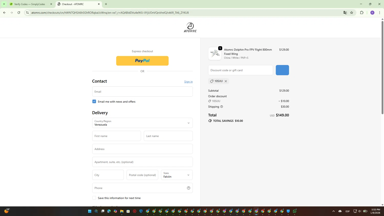 ATOMRC promo code screenshot showing code 10SIJU applied at ATOMRC checkout page. Uploaded by SimplyCodes community member CouponBoss4754 on Jan 9, 2026