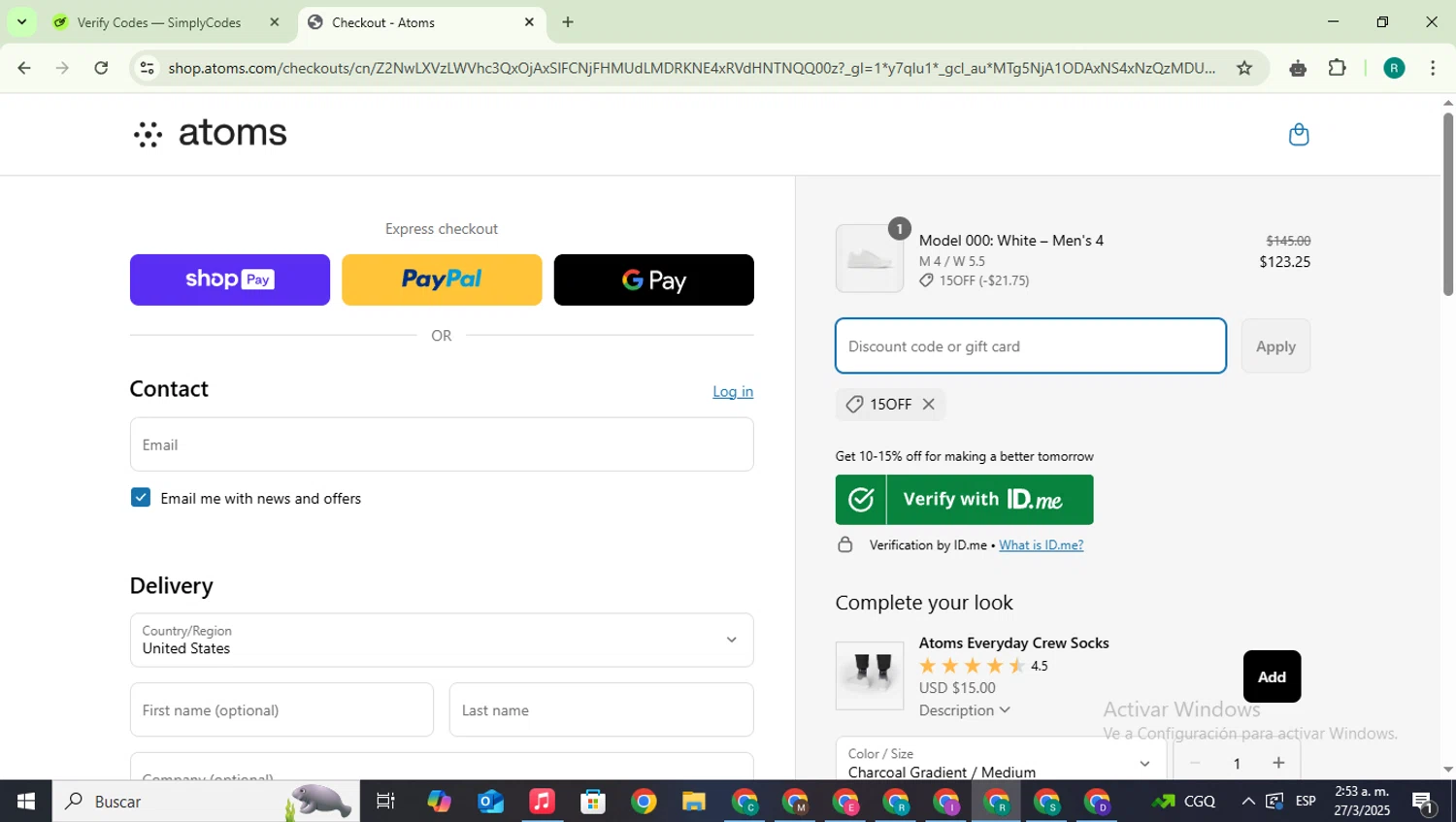 Atoms promo code screenshot showing code 15OFF applied at Atoms checkout page. Uploaded by SimplyCodes community member SavingsLegend387 on Mar 27, 2025