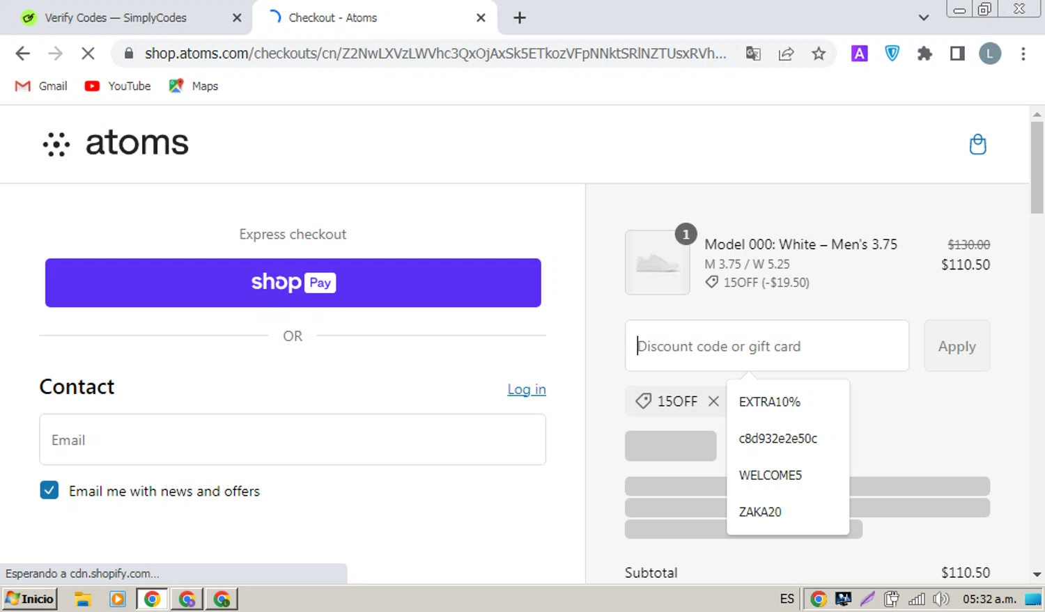 Atoms promo code screenshot showing code 15OFF applied at Atoms checkout page. Uploaded by SimplyCodes community member coder_luis on Mar 3, 2025