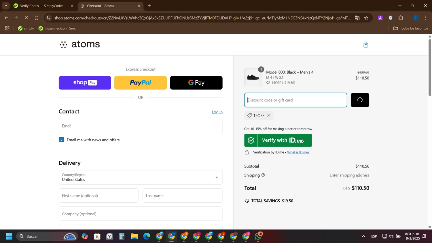 Atoms promo code screenshot showing code 15OFF applied at Atoms checkout page. Uploaded by SimplyCodes community member yameteqdasai on Mar 10, 2025