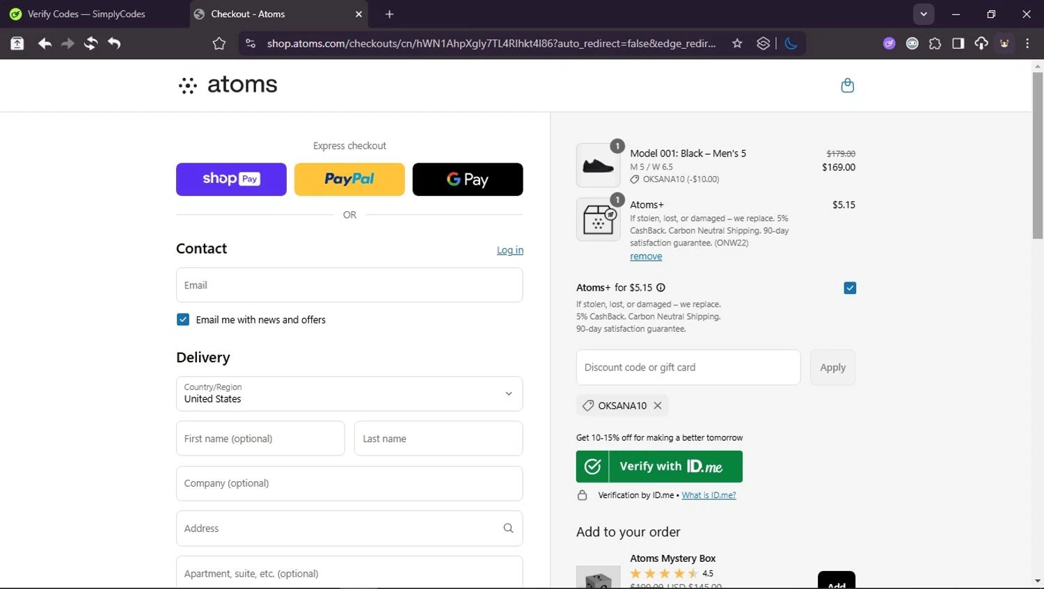 Atoms promo code screenshot showing code OKSANA10 applied at Atoms checkout page. Uploaded by SimplyCodes community member Userr2 on Jul 29, 2025