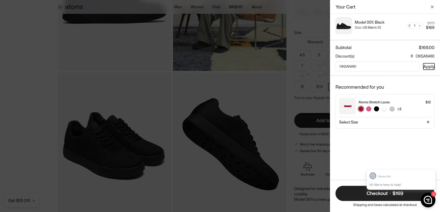 Atoms promo code screenshot showing code OKSANA10 applied at Atoms checkout page. Uploaded by SimplyCodes community member ValiantAce1810 on Jun 21, 2025