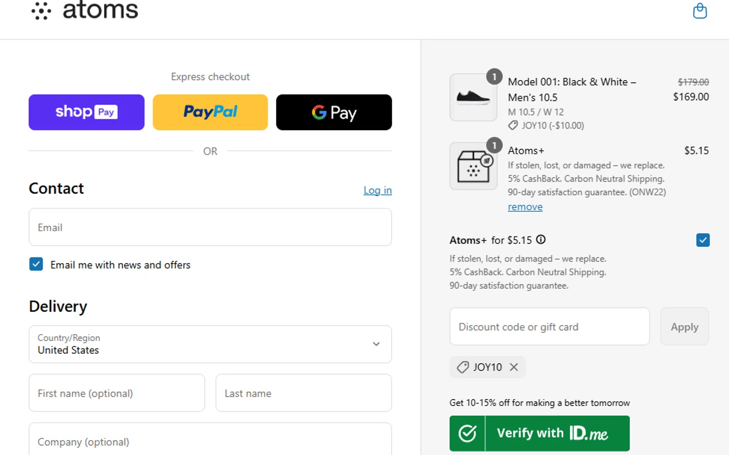 Atoms promo code screenshot showing code JOY10 applied at Atoms checkout page. Uploaded by SimplyCodes community member EpicHawk7011 on Jun 21, 2025