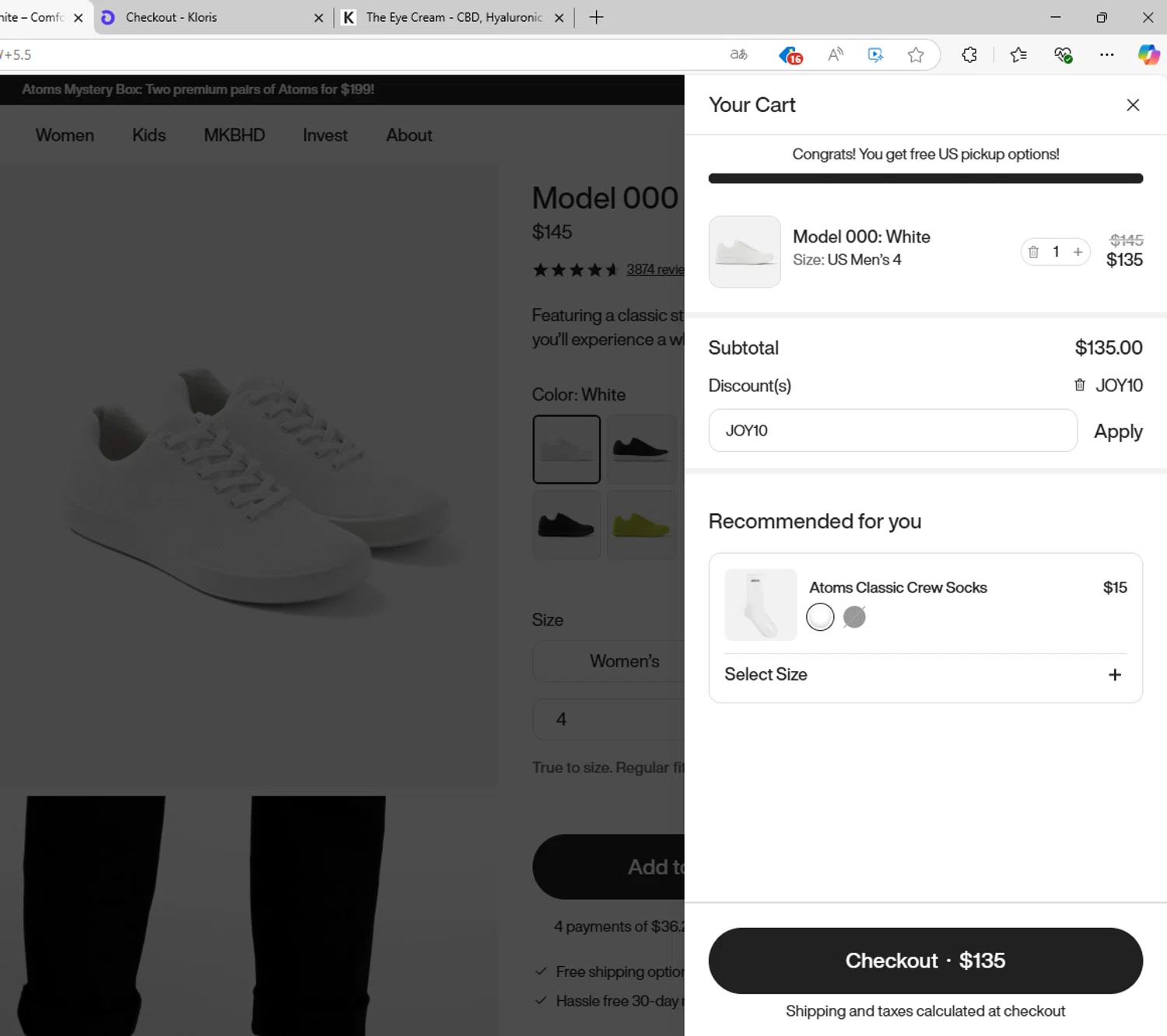 Atoms promo code screenshot showing code JOY10 applied at Atoms checkout page. Uploaded by SimplyCodes community member MagnificentExpert8147 on Apr 30, 2025