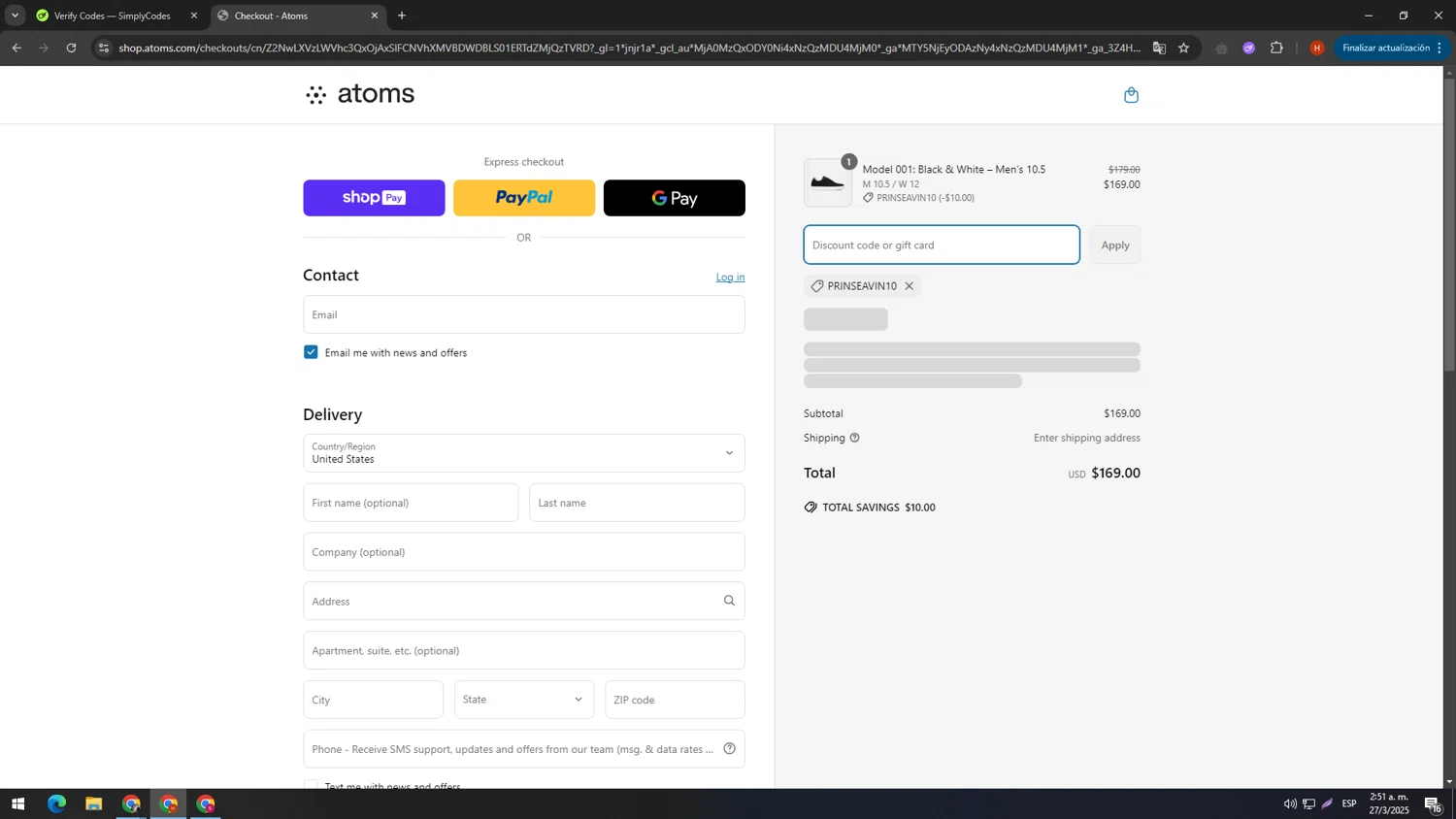 Atoms promo code screenshot showing code PRINSEAVIN10 applied at Atoms checkout page. Uploaded by SimplyCodes community member SIMPLYCODESSS on Mar 27, 2025