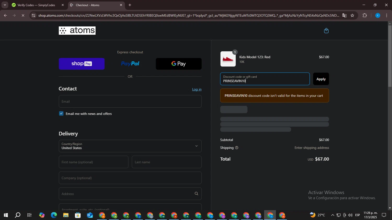 Atoms promo code screenshot showing code PRINSEAVIN10 applied at Atoms checkout page. Uploaded by SimplyCodes community member CouponPhoenix3444 on Mar 18, 2025