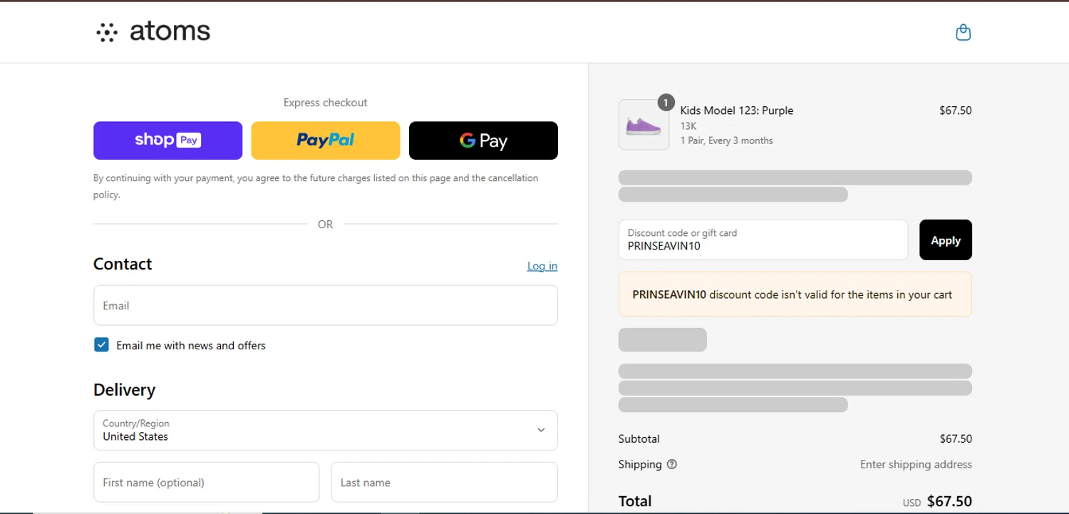 Atoms promo code screenshot showing code PRINSEAVIN10 applied at Atoms checkout page. Uploaded by SimplyCodes community member juanisaac on May 20, 2025