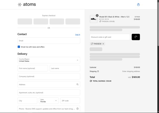 Atoms checkout page showing Atoms promo code box | Screenshot taken by SimplyCodes community member on Sep 1, 2025