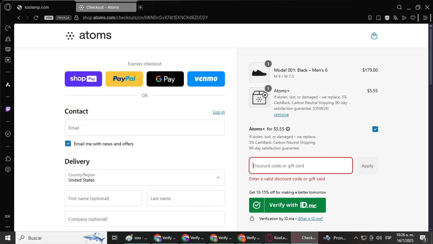 Atoms promo code screenshot showing code DJ20 applied at Atoms checkout page. Uploaded by SimplyCodes community member DealLynx6506 on Jul 14, 2025