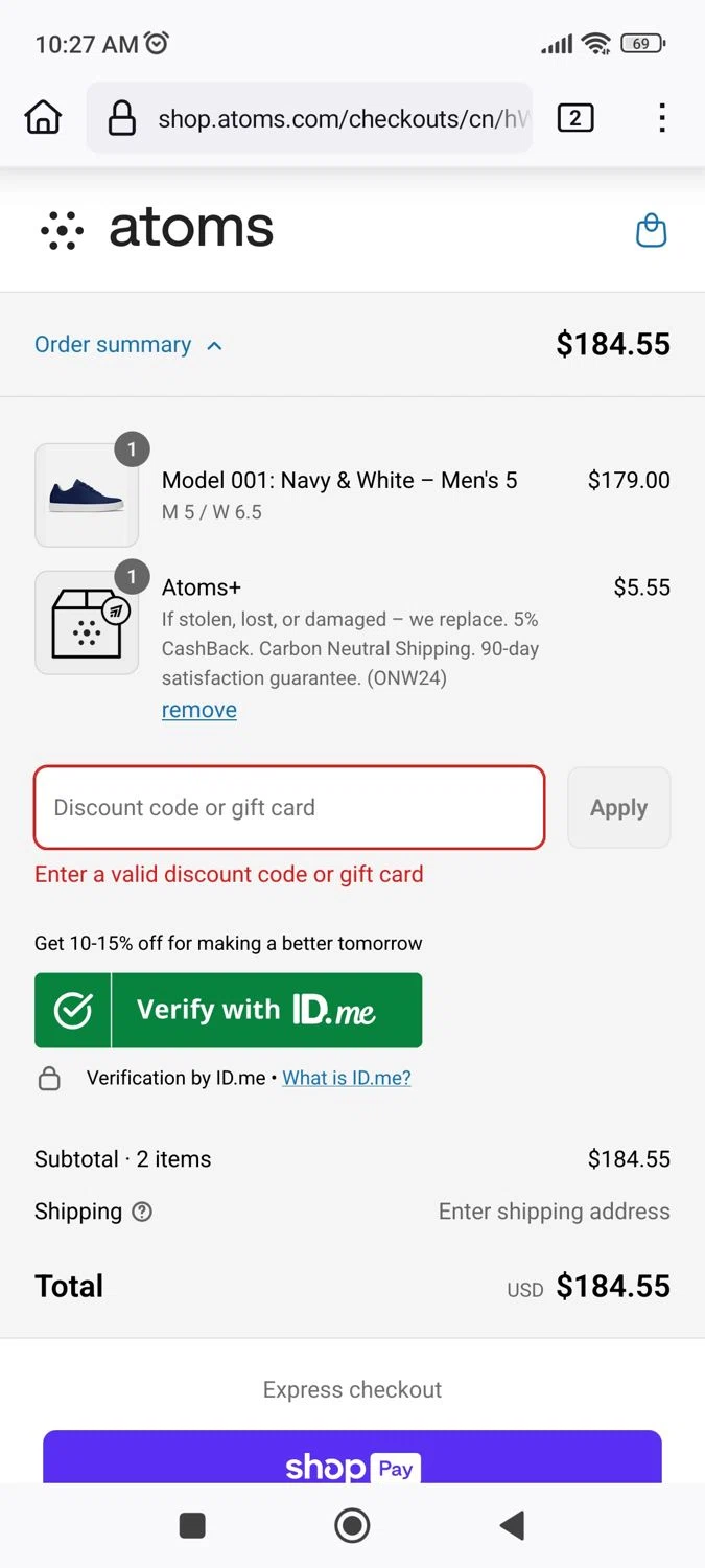 Atoms promo code screenshot showing code DJ20 applied at Atoms checkout page. Uploaded by SimplyCodes community member Phoenix585 on Jul 14, 2025